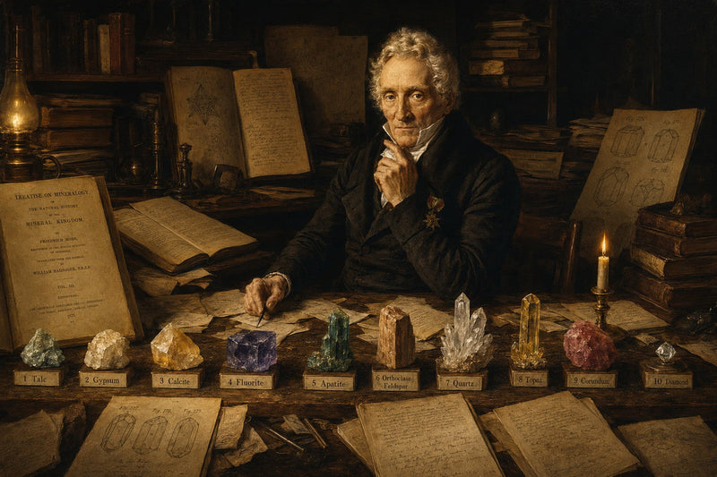 Painterly rendering of Friedrich Mohs in his study working on his hardness scale, with the ten labelled reference minerals set out in front of him