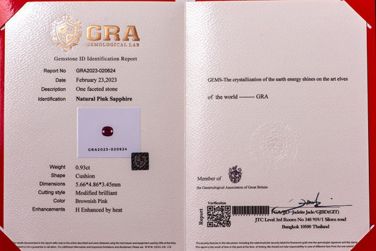 Pink sapphire 0.93ct heated GRA certificate cushion cut