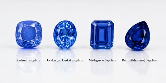 Illustrative comparison of Kashmir, Ceylon, Madagascar, and Burma sapphire color