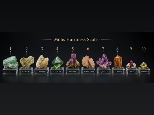 The ten Mohs scale reference minerals on labelled display stands in hardness order: talc 1, gypsum 2, calcite 3, fluorite 4, apatite 5, orthoclase 6, quartz 7, topaz 8, ruby 9 and diamond 10