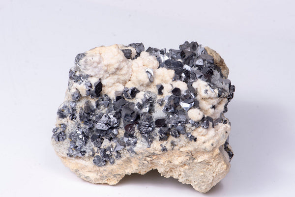 Metallic grey galena crystals on cream quartz matrix, natural galena cluster from Bulgaria 1200g