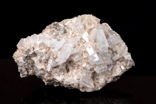 White tabular natural baryte crystals from Androvo, Bulgaria, 330g, on a black background