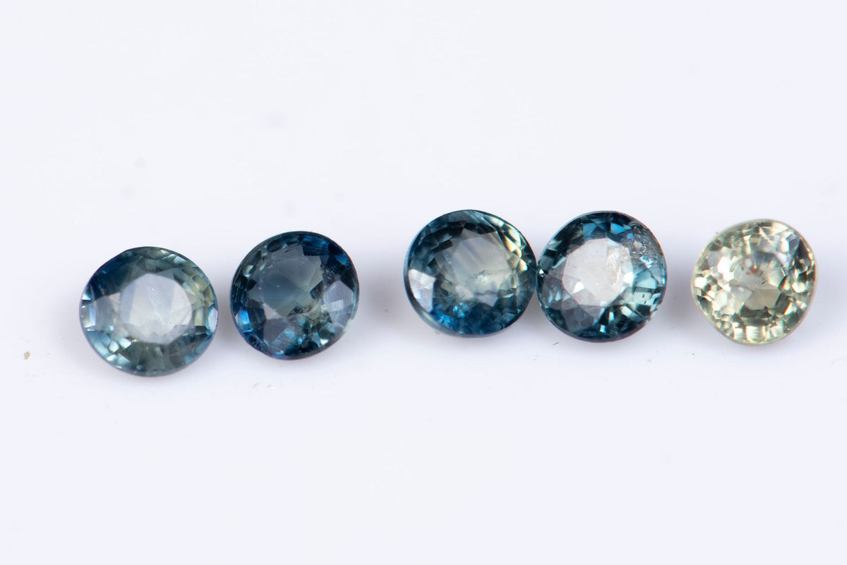 5 броя естествен синьо-зелен сапфир 0.63ct 2.6mm, нагряван, кръгла шлифовка