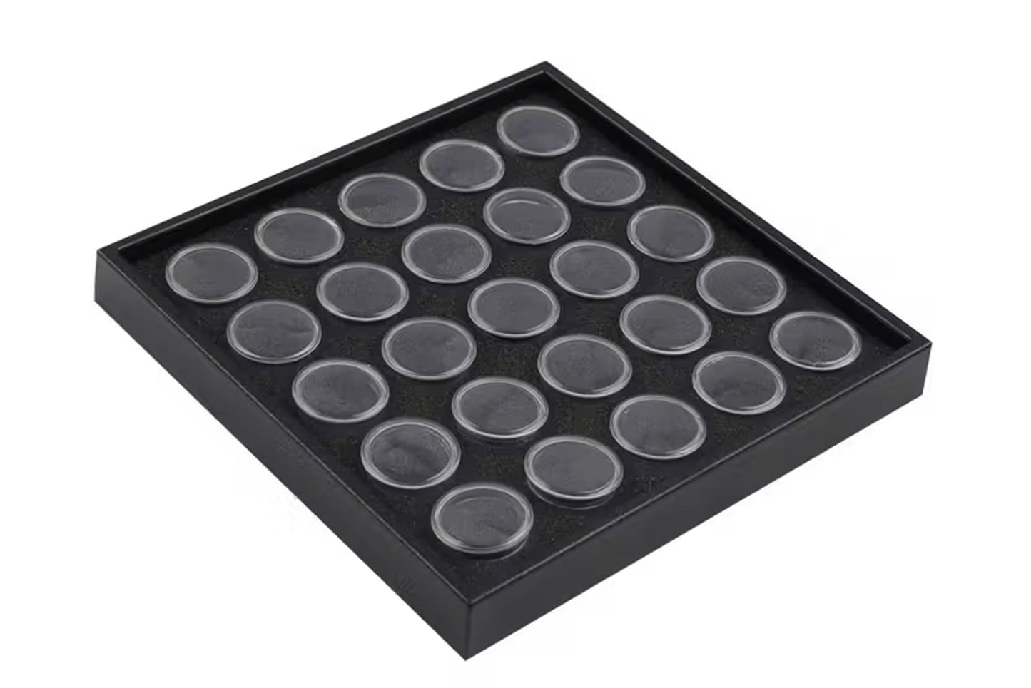 Gemstone display tray with 25 round boxes for loose gemstone storage and presentation