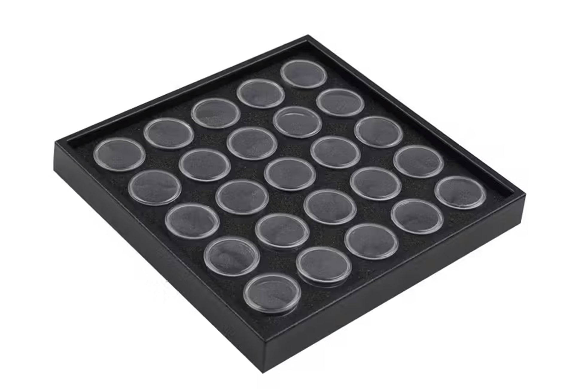 Gemstone display tray with 25 round boxes for loose gemstone storage and presentation