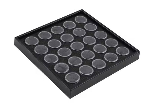 Gemstone display tray with 25 round boxes for loose gemstone storage and presentation