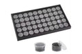 Gemstone display tray with 50 round boxes for loose gemstone storage and presentation
