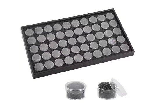 Gemstone display tray with 50 round boxes for loose gemstone storage and presentation