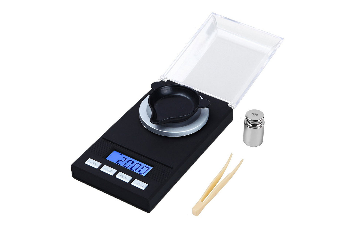 High-precision digital scale 0.001g to 20g with tweezers and calibration weight for gemstone weighing