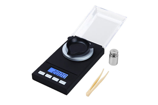 High-precision digital scale 0.001g to 20g with tweezers and calibration weight for gemstone weighing