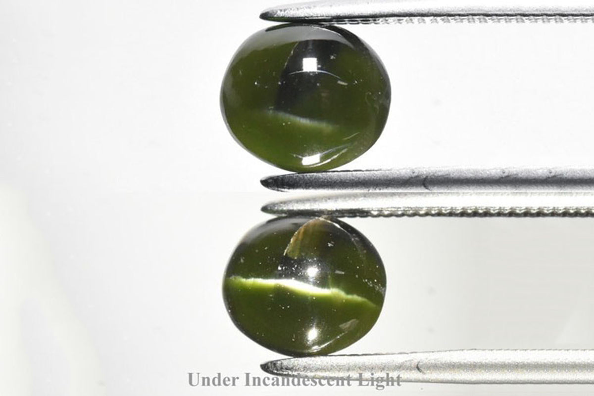 Естествен зелен аугит котешко око 1.42ct 7x6mm овален кабошон
