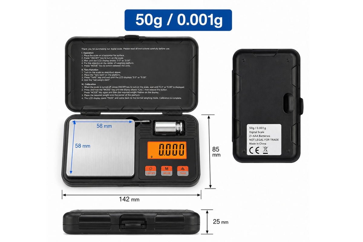 Pocket Digital Scale - 0.001g to 50g with Backlit Display, Tweezers & Calibration Weight
